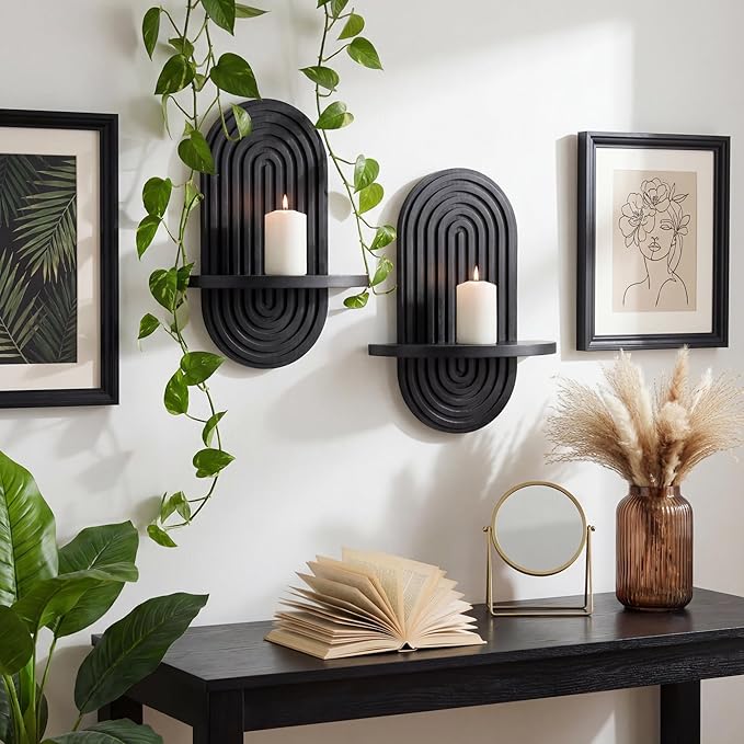 Set of 2 Boho Arched Floating Shelves 15.7”x 7.8”3D Wooden Hanging Shelf for Living Room Bedroom Nursery Mid Century Modern Wall Decor(Black, 11.7 * 15.7)
