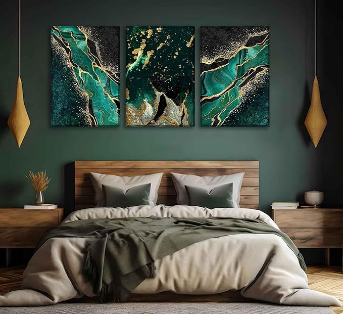 WSTUKVV 3Pcs Green and Gold Wall Art Abstrct Gold Foil Lines Posters Pictures Marble Texture Canvas Prints Dark Green Paintings for Nordic Living Room Bedroom Office Home Wall Decor Ready to Hang