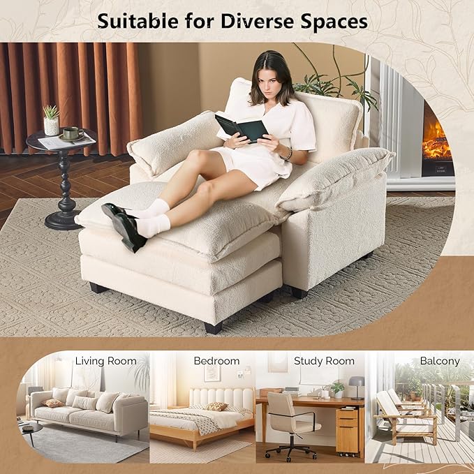 VINGLI Oversized Sofa Chair and a Half with Deep Seat & Movable 2-Layer Ottoman Set, Comfy Cloud Sofa Bed with Chaise, 1-Seater Modular Sectional Sleeper Couch for Living Room, Teddy-Fleece, Beige