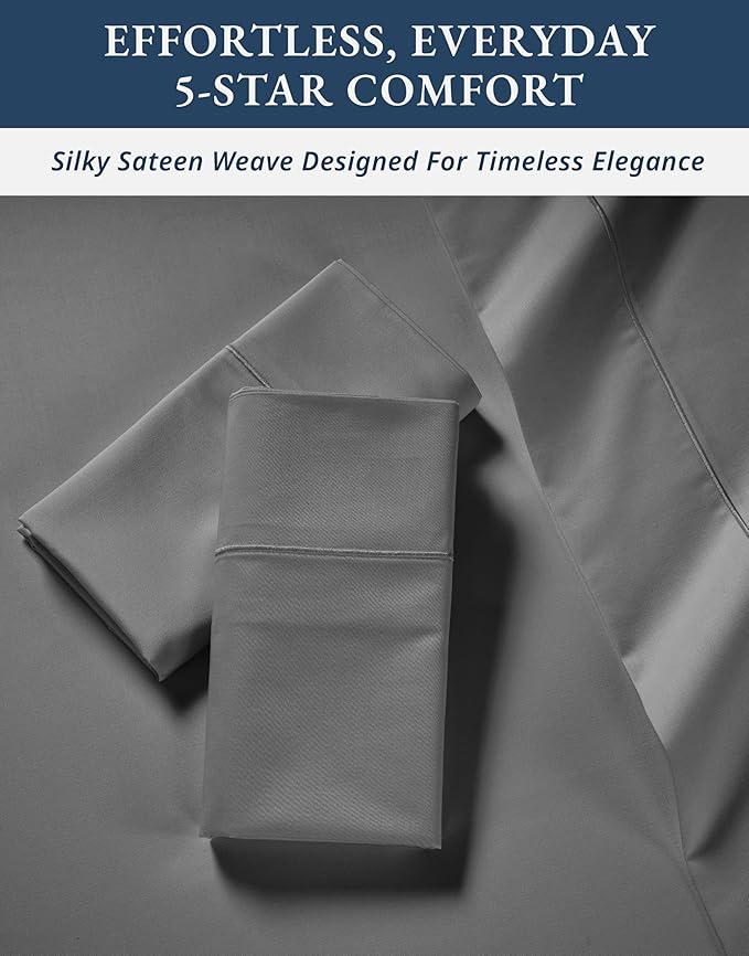LANE LINEN 100% Egyptian Cotton King Sheets Set, Soft & Comfy Sateen Weave No Pill Mercerized Cotton Sheets King, Fully Elasticized Reinforced French Seam Fitted King Bed Sheets – Charcoal Gray