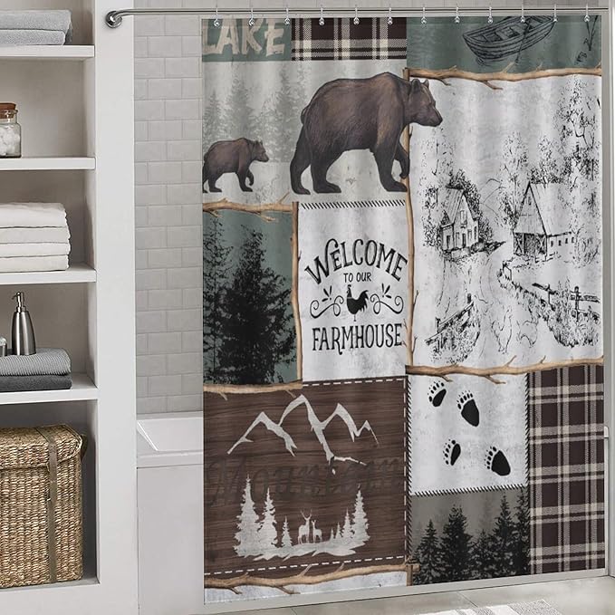 Rustic Cabin Vintage Bear Shower Curtain Country Lodge Deer Mountain Forest Farmhouse Waterproof Shower Curtains for Bathroom Decor 12 Pack Hooks 66x72in（168x183cm）