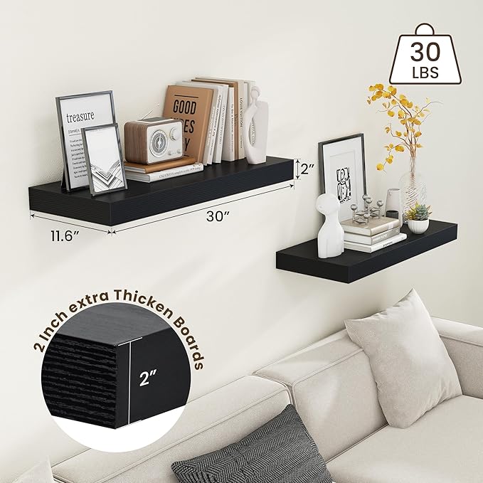 30 Inch Floating Shelves | 12 Inch Deep Black Floating Shelves Set of 2 | 30" W x 12" D Rustic Wood Shelves for Wall | Deep Black Shelves for Living Room Bathroom Laundry Room Kitchen