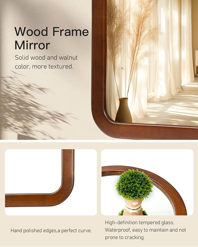 Arched Mirror 34 x 29 Inch,Walnut Brown Wood Rustic Bathroom Tempered Wall Mirror with Wood Frame,Round Corner Arch Farmhouse Wooden Vanity Mirror for Living Room,Entryway or Bedroom