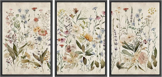 MUDECOR Framed Wall Art Print Set Blooming Wildflowers Illustrations Modern Art Decorative Colorful Chic for Living Room, Bedroom, Office - 24"x36"x3 Black