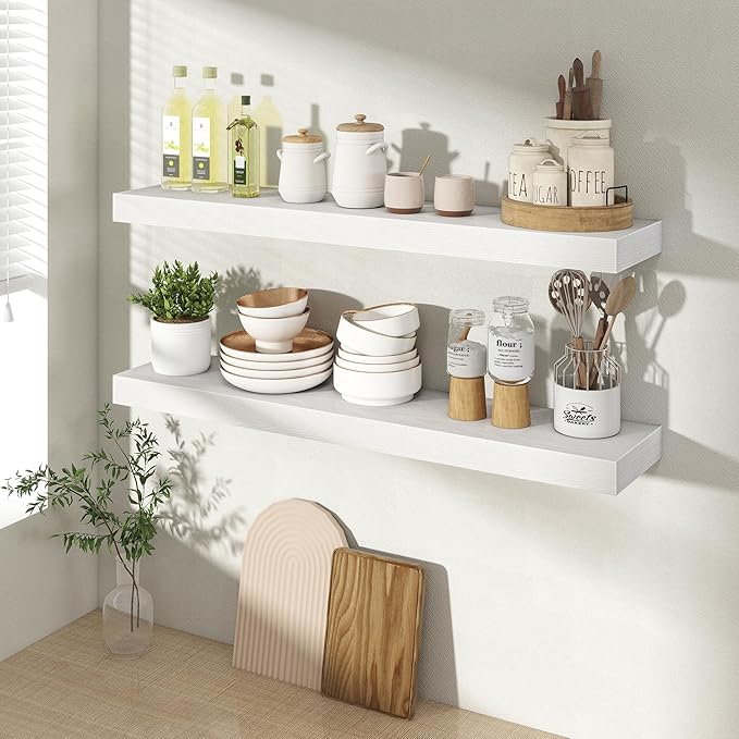 30 Inch Floating Shelves for Wall 2 Pack, 30" Wall Shelves for Books, Storage, Decor, Wall Mounted Floating Shelf with Invisible Brackets for Kitchen, Living Room, White