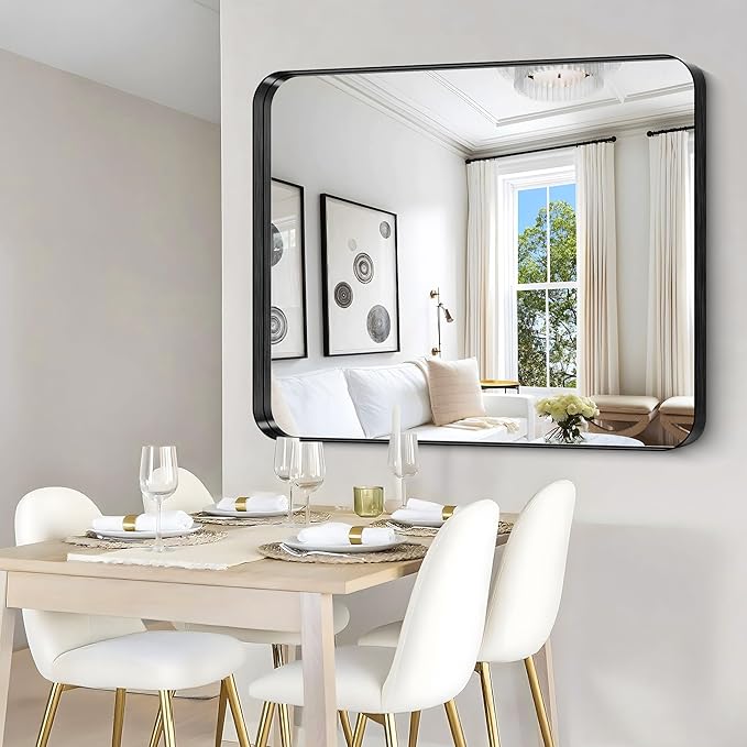 CIRCUMI Black Bathroom Mirror, 40"x48" Rectangular Mirror with Deep Metal Frame, Rounded Corner, Tempered Glass, Large Mirror for Wall, Over 2 Sinks, Installed Vertically/Horizontally, Crystal-Clear