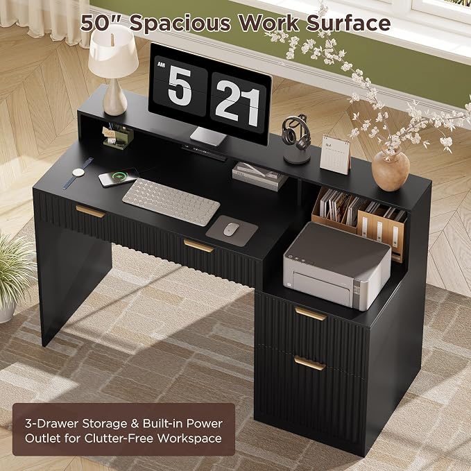 Vabches Fluted Computer Desk with Power Outlets, Home Office Desk with Drawers, Printer Stand, Wood Computer Desk with Long Monitor Stand, Black