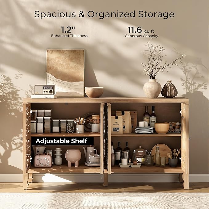 Buffet Cabinet with Storage, Accent Cabinet with 4 Carved Doors, Solid Wood Sideboard with Adjustable Shelf, Vintage Cabinets for Kitchen, Living Room, Entryway, White&Natural