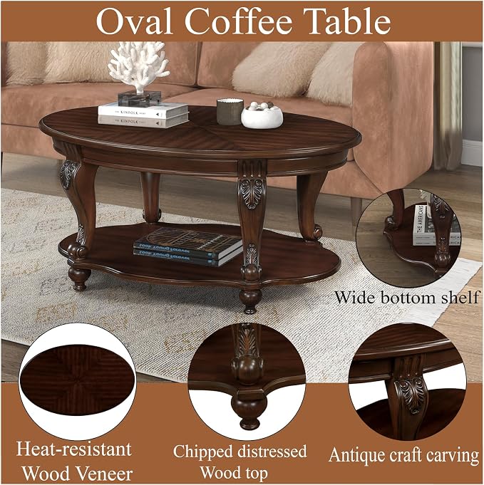 42'' Oval Wood Coffee Table for Living Room, Mid Century Farmhouse Round Coffee Tables for Apartment, Easy Assembly Traditional Coffee Table Centre Table Retro Cocktail Table, Cherry