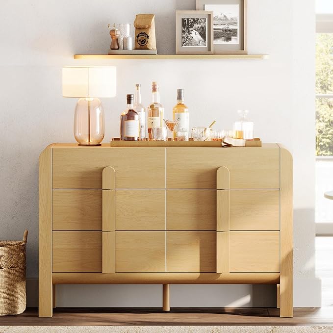 WAMPAT 47.2" W Buffet Cabinet with 6 Drawers, Modern Sideboard Buffet Cabinet with Storage, Buffet Table Coffee Bar Wine Bar Storage Cabinet for Dining Room, Living Room, Hallway, Oak