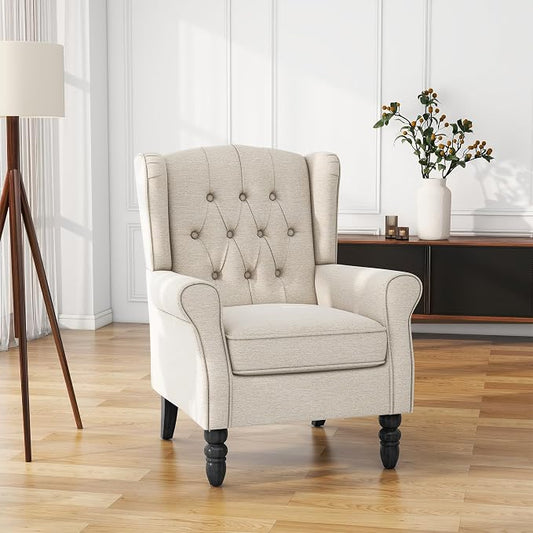 High Back Accent Chair, Fabric Upholstered Armchair Wingback Chair for Living Room, Comfy Single Sofa Bedroom Reading Seat with Solid Wood Legs - Beige