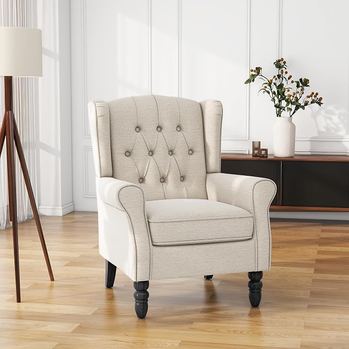 High Back Accent Chairs Set of 2, Fabric Upholstered Armchair Wingback Chair for Living Room, Comfy Single Sofa Bedroom Reading Seat with Solid Wood Legs, Beige