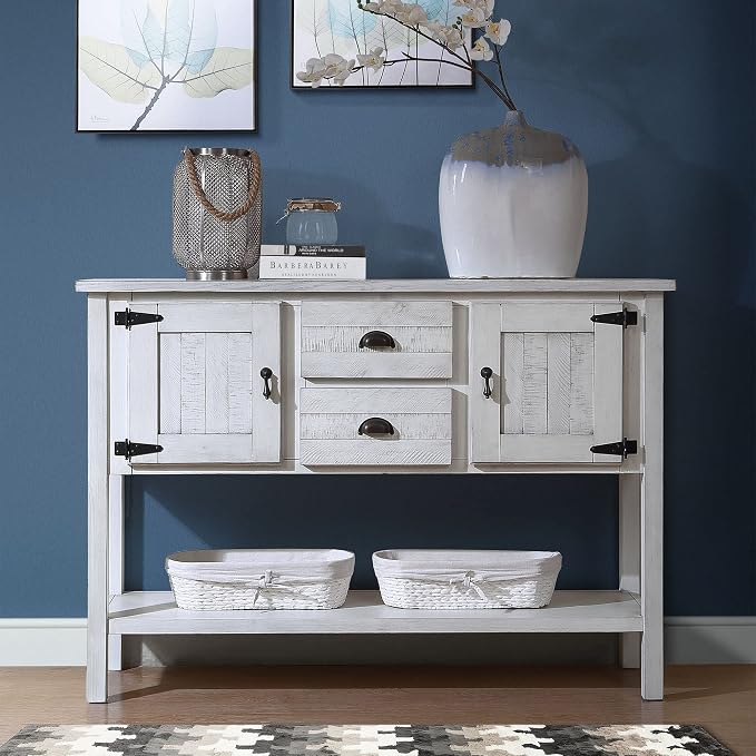 Merax Farmhouse Sideboard Buffet Kitchen Storage Cabinet with Drawers and Doors, Sideboard Storage Cabinet with Open Shelf for Living Room Kitchen Dining Room, Antique White…