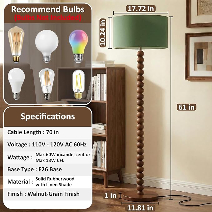 Buruis 61" Beaded Wood Floor Lamp with 17.2" Large Linen Shade, Retro Mid-Century Accent Walnut Finish Standing Lamp for Living Room, Bedroom, Office, Corner, UL Listed, Bulb Not Included, Green