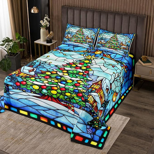 Christmas Trees Bedspread King Size,Merry Christmas Happy New Year Snowflake Coverlet Set,Boys Girls Room Decor,Rustic Farmhouse Cabin Pine Quilted Coverlet,Blue Xmas Bedding Quilt,2 Pillowcases