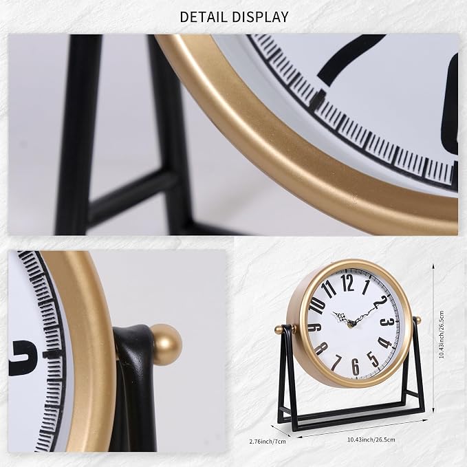 Vintage Gold Table Clock, Silent Non-Ticking Decorative Desk & Mantel Clock, Battery Operated Retro Farmhouse Shelf Decor for Living Room