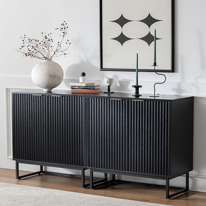 Fluted Cabinets with Storage Set of 2, Sideboard Buffet Cabinet with Adjustable Shelves, Modern Accent Console Table for Living Room Entryway, Black