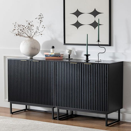 Fluted Cabinets with Storage Set of 2, Sideboard Buffet Cabinet with Adjustable Shelves, Modern Accent Console Table for Living Room Entryway, Black