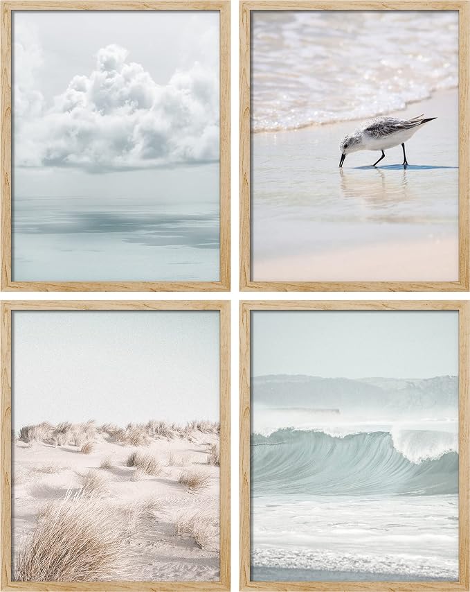 SIGNWIN Framed White Nautical Ocean Sea Beach Grass Seagull Wall Art, Set of 4 Landscape Colorful Wall Decor Prints, Nature Wilderness Wall Décor for Living Room, Bedroom - 12"x16" Natural