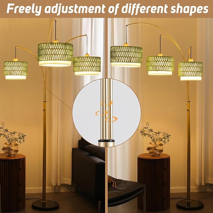 Gold Rattan Floor Lamp for Living Room, 80 Inch Tall Boho Floor Lamp with Rotary Switch, 3 Lights Arc Lamp with Green Wicker Shade for Coastal,Bohemian,Tree Farmhouse Standing Lamp