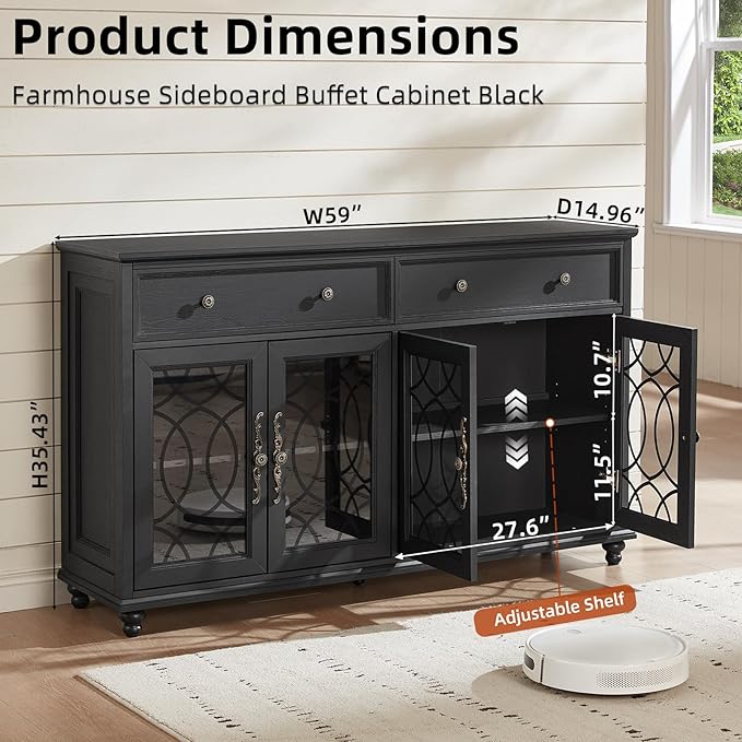 Farmhouse Sideboard Buffet Cabinet Set of 2 with Storage,59" Large Credenza with 4 Glass Door & 2 Drawers,Adjustable Shelves Console Table,Wood Kitchen Coffee Bar for Dining Room,Black