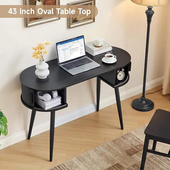 AVZEAR 43" Oval Fluted Home Office Desk, Small Computer Desk Mid Century Modern Vanity Table with Sliding Tambour Door, Wooden Writing Study Desk for Small Spaces, Bedroom, Office(Black)