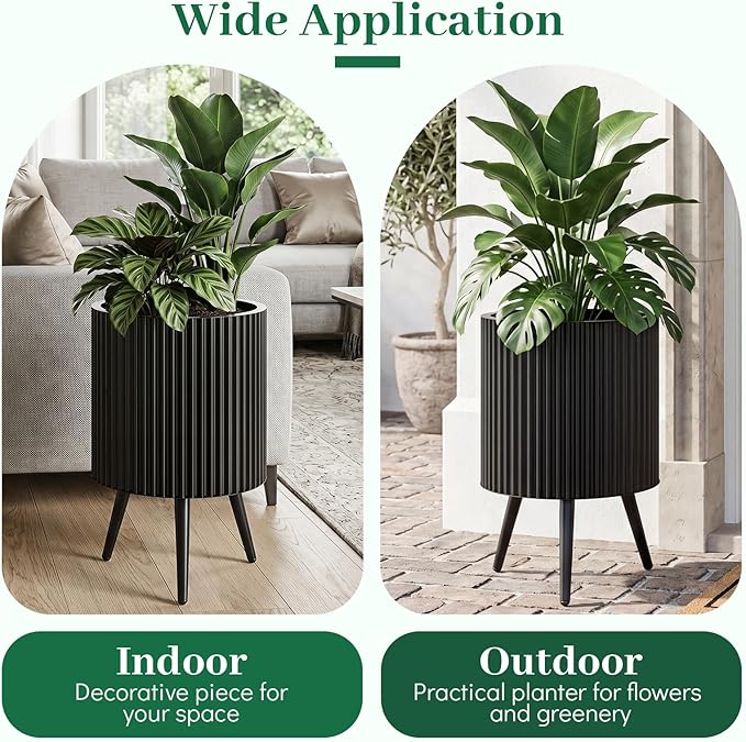 Giantex 14 inch Plant Pot with Stand Set of 2, Mid-Century Modern Fluted Planter with Built-in Drainage Holes, Metal Flower Pot with Tapered Legs for Living Room, Office, Porch, Garden