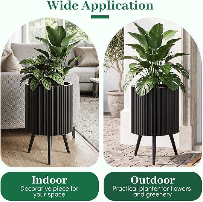 Giantex 14 Inch Plant Pot with Stand, Mid-Century Modern Fluted Planter with Built-in Drainage Holes, Metal Flower Pot with Tapered Legs for Living Room, Office, Porch, Garden