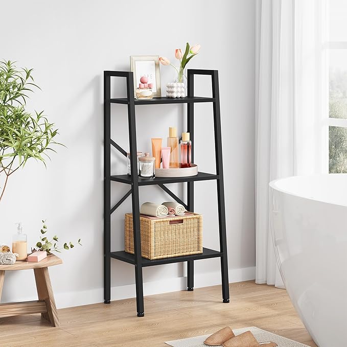 Hoctieon 3-Tier Industrial Ladder Bookshelf, Narrow Ladder Shelf, Tall Standing Bookshelf, Skinny Open Ladder Shelf, for Living Room, Home Office, Kitchen, Bedroom, Metal Frame, Black