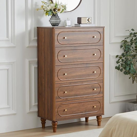 ORRD Fluted 5 Drawer Dresser for Bedroom, Mid Century Modern Chest of Drawers, Wood Storage Large Dresser Organizer for Bedroom Living Room Hallway Closet, Walnut
