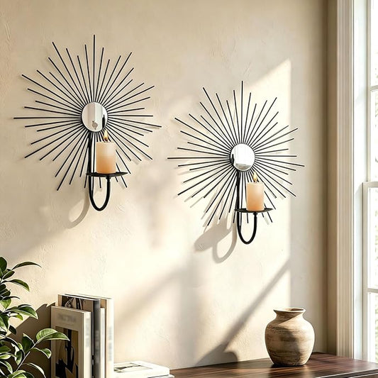 2 Set Candle Sconces Wall Decor for Living Room Metal Sunburst Mirrored Modern Gold Wall-Mounted Candle Holder Sconces Hanging Mounted Fireplace Farmhouse Wedding