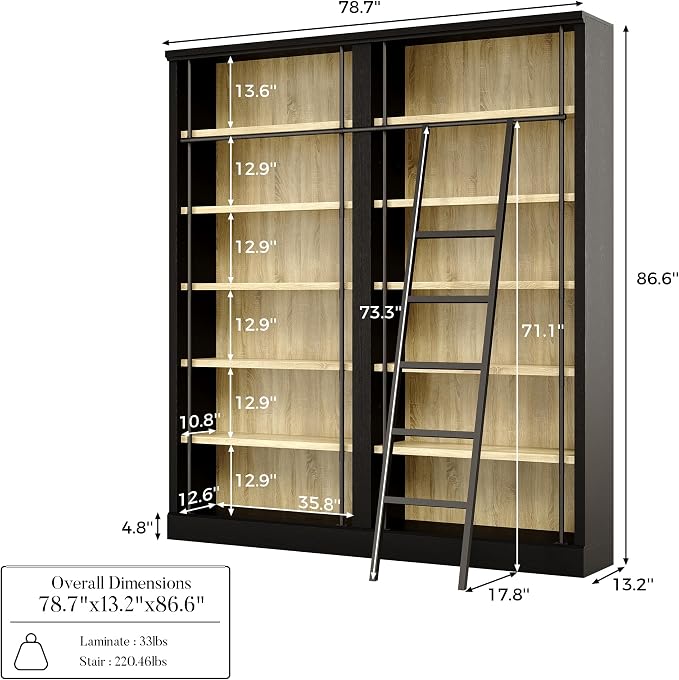 Homsee Traditional 86.6-inch Tall Bookcase Wall with Ladder, 6-Tier Office Bookshelf Storage Organizer, Display Shelf Unit for Home Office, Living Room, Black & Wood Grain