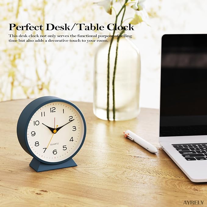 AYRELY® 4.5" Analog Alarm Clock,Small Retro Desk Clock Battery Operated,Slient Metal Table Clock with Light for Living Room Decor,Bedroom,Bedside,Shelf (Blue)