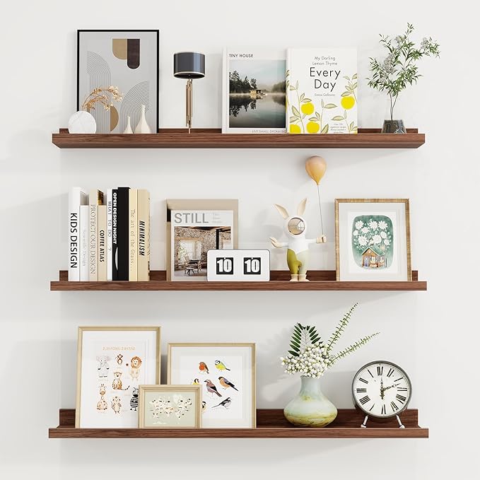 Axeman 30 Inch Floating Shelves | Walnut Picture Ledge Shelf Set of 3 | Rustic Wood Wall Shelves with Lip | 30" Walnut Picture Shelf for Wall with Ledge | Photo Shelves