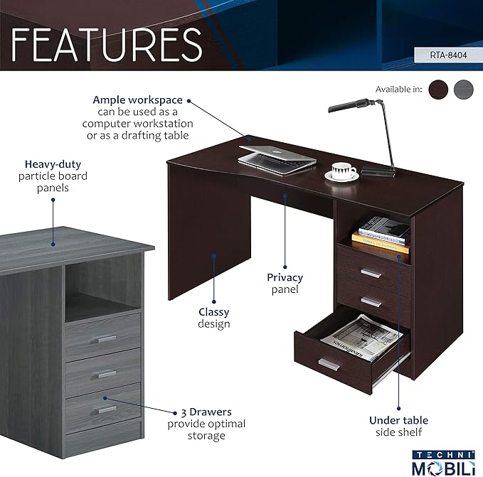 51" W Classic Computer Desk with Drawers, 3-Drawer Home Office Desk with Storage, Grey