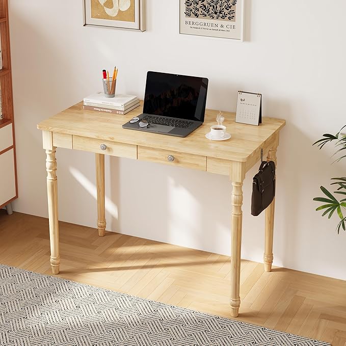 Solid Wood Desk with Drawers - 40 Inch Writing Desk with Drawers, Mid Century Modern Desk with 2 Hooks, Rubber Wood Study Table for Bedroom, Living Room & Office, Natural Boho Desks