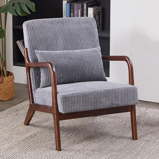 Accent Chairs, Mid Century Modern Chair with Pillow, Arm Chair with Solid Wood, Reading Relaxing Leisure Chair for Living Room, Waiting Room,Grey