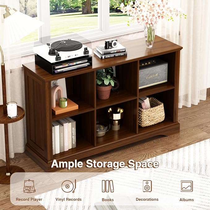 6 Cube Storage Organizer - 47.4" Farmhouse Wood Low Bookshelf, 3 Tier Horizontal Open Shelf Bookcase Cubby Storage Console Cabinet for Living Room, Entryway, Office, Walnut