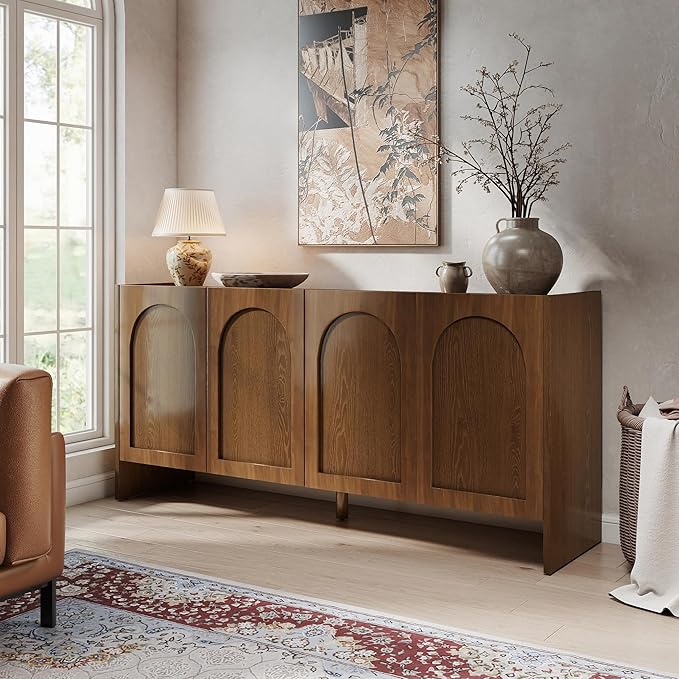 63" Sideboard Buffet Cabinet with Storage, 4 Door Solid Wood Veneer Sideboard Modern Arched Accent Cabinet with Adjustable Shelves, Large Credenza for Living Room,Kitchen,Entryway(Brown)