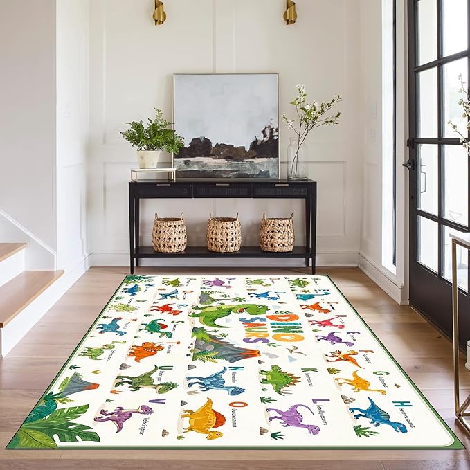 3'x5' Dinosaur Area Rug ABC Alphabet Educational Rugs for Entryway Bedroom Living Room Nursery Kitchen Playroom Home Decor Washable Cute Cartoon Dinosaur Floor Mat Carpet