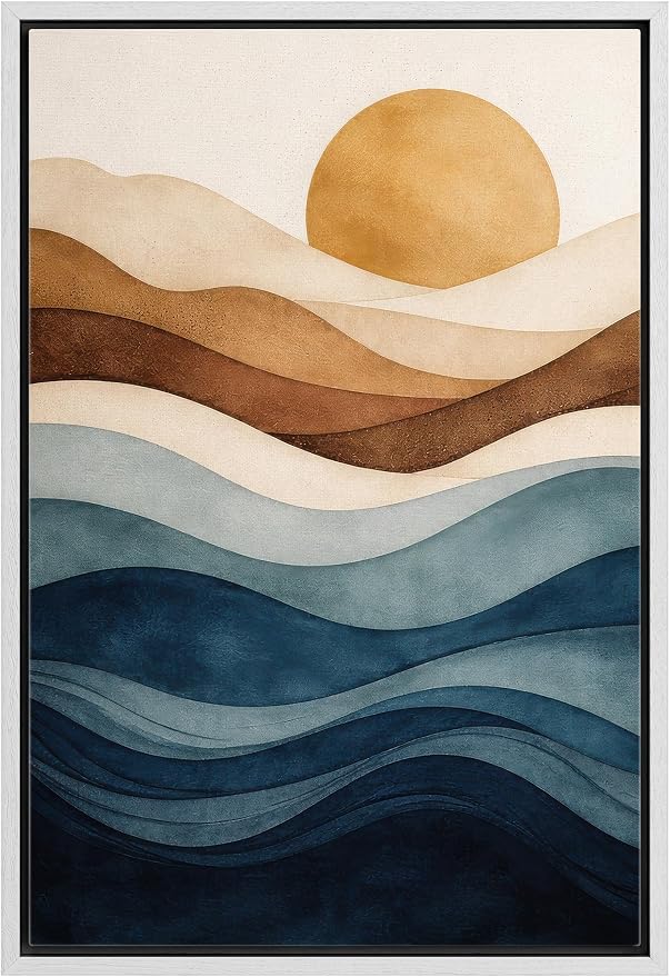 Woodrose Framed Canvas Print Wall Art Abstract Layered Landscape Sun and Waves Illustrations Modern Art Minimalist 3D Colorful Ultra for Living Room, Bedroom, Office - 16"x24" WHITE