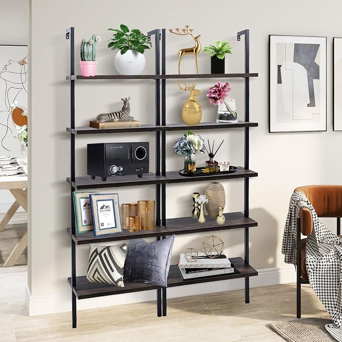 5 Tier Wall Mounted Ladder Shelf, Ladder Bookshelf with Metal Frame and Wood Shelf, Modern Learning Bookcase for Living Room, Bedroom, Office (23.6" W x 11.8" D x 70.8" H, Dark Walnut)