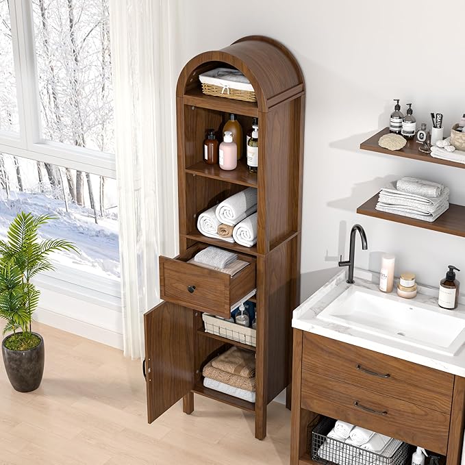 64" Tall Bathroom Storage Cabinet with Adjustable Shelves,Tall Narrow Arched Freestanding Tower Cabinet with Fluted Doors and Drawers,Space Saving Organizer for Bathroom Living Room (Walnut)