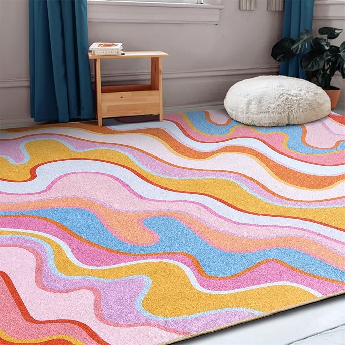 Vintage Abstract 4x6 Area Rug Ultra Thin Flatweave Funky Aesthetic Colorful Striped Bedroom Rug Washable Throw Carpet for Kitchen Entryway Nursery Living Room, Orange and Blush