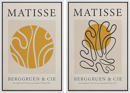 IDEA4WALL Framed Canvas Print Wall Art Set Matisse Yellow Geometric Wave Floral Collage Abstract Shapes Illustrations Modern Art Decorative for Living Room, Bedroom, Office - 16"x24"x2 White