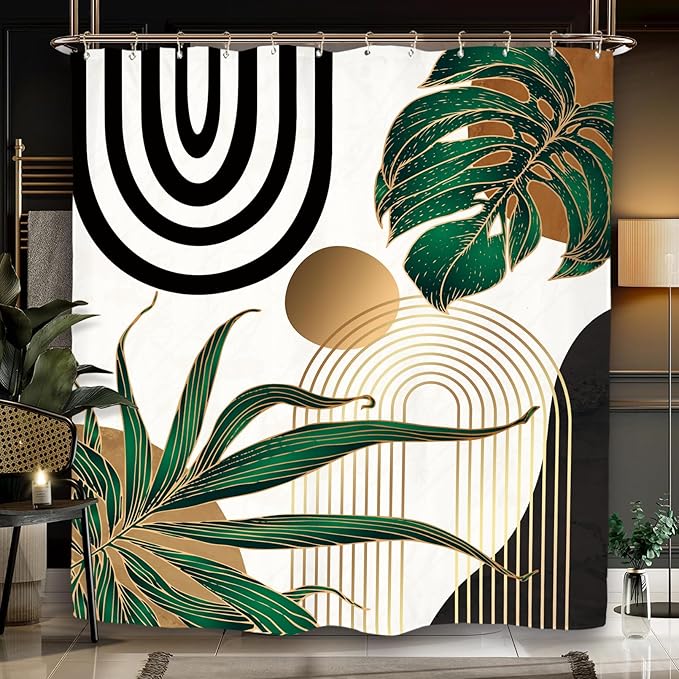Miyotaa Emerald Green Abstract Shower Curtain Set 60Wx71H Inches Mid Century Minimalist Aesthetic Modern Contemporary Plant Tropical Polyester Waterproof Bathroom Curtain with 12 Hooks