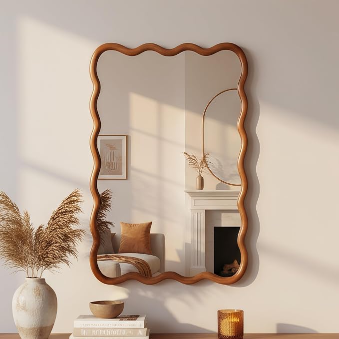 36x24 Inch Wooden Wavy Rectangle Wall Mirror, Modern Solid Wood Frame Decorative Accent Mirror for Bedroom, Bathroom, Living Room, Entryway, Yellowish Brown