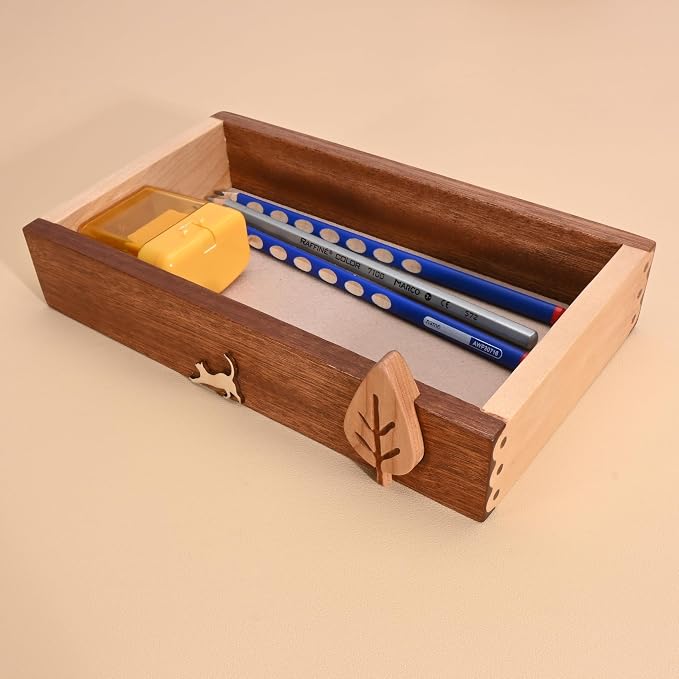 Wooden Desk Tray with Pen Holder Set Natural Wood Office Desk Pencil Pen Cup Holder Paper Clip Storage Sticky Note Holder Organizer Tray for Keys Pen Watch