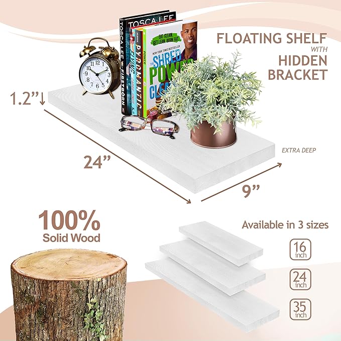 Sorbus Wood Floating Shelves for Wall - 24” Solid Wood Wall Shelves for Bathroom Decor, Books, Bedroom & Living Room - Set of 2 White Mounted Kitchen Shelves - Durable Solid Pine
