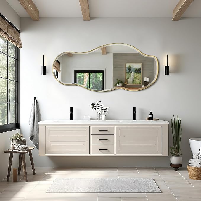 POZINO Large Irregular Beveled Mirror, 63"x28.5" Asymmetrical Full Length Mirror with Gold Metal Frame, Organic Shape Wall Mirrors for Entryway Living Room Bathroom, Horizontal/Vertical Hanging